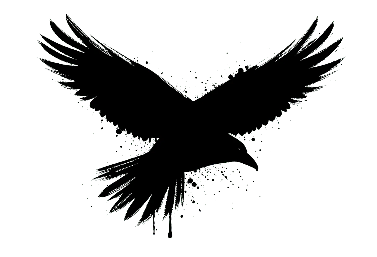 A raven in flight, strong solid black shapes and open negative space, no grey gradients.