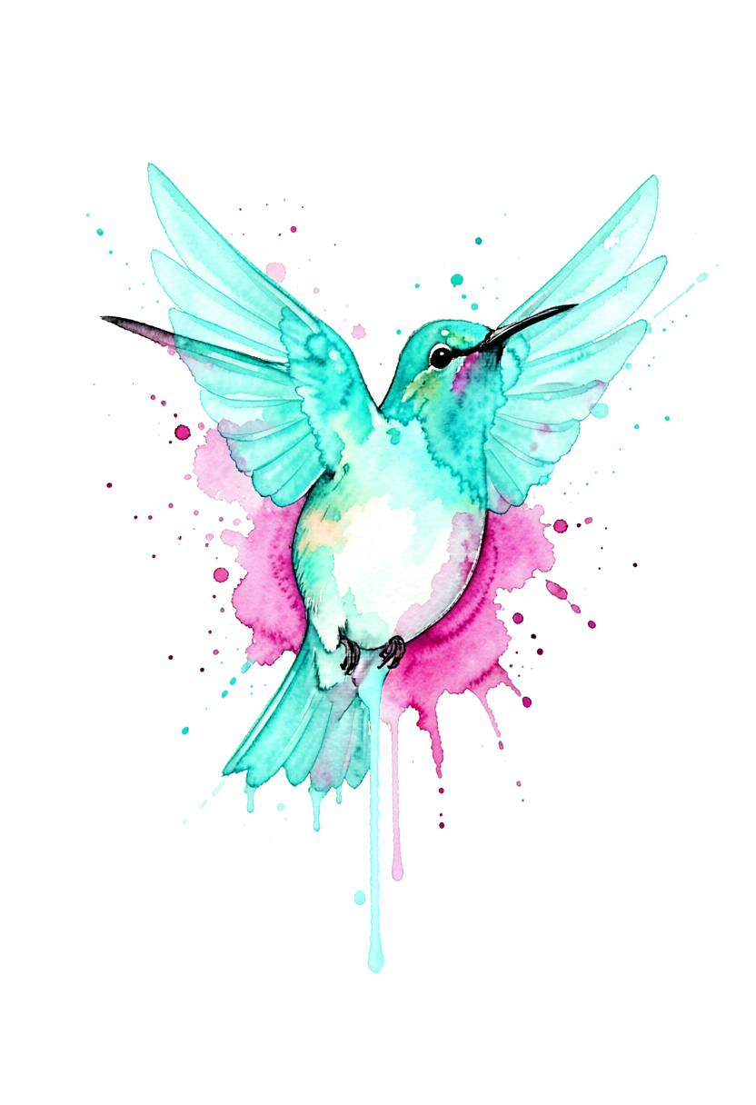 A hummingbird with translucent turquoise and magenta watercolor washes and a few loose splashes.
