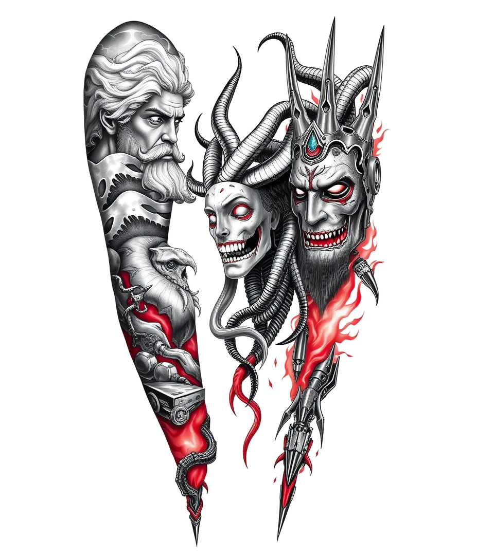 Zeus in lightning bolt sky. Poseidon In dark ocean waves. Medusa with king Cobra snakes as hair. Hades in red hellfire.
Full arm sleeve tattootattoo in biomechanic style, the tattoo covered by robotic elements of futuristic cyberpunk design, robotic features detail, showcasing intricate mechanical components