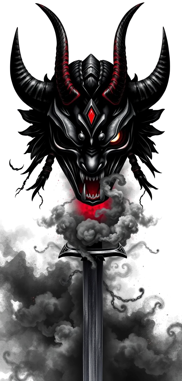 a full sleeve in black and grey realism: a horned hannya demon mask at the shoulder, its face split and metallic with a glowing red eye, holding a katana whose blade runs down the outer arm, wreathed in smoke and storm cloud, deep blacks with red as the only colour