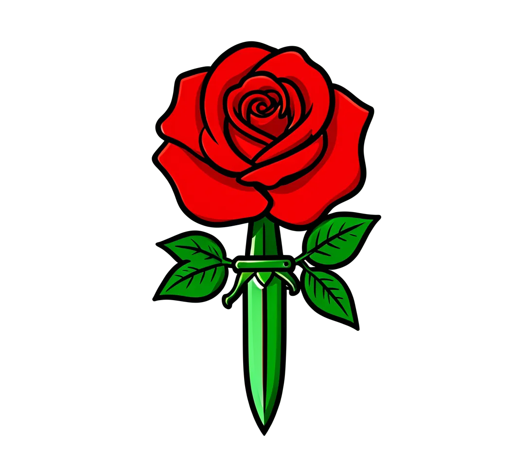A traditional red rose and dagger for the outer forearm, bold black outlines, red and green ink, clear open spaces.