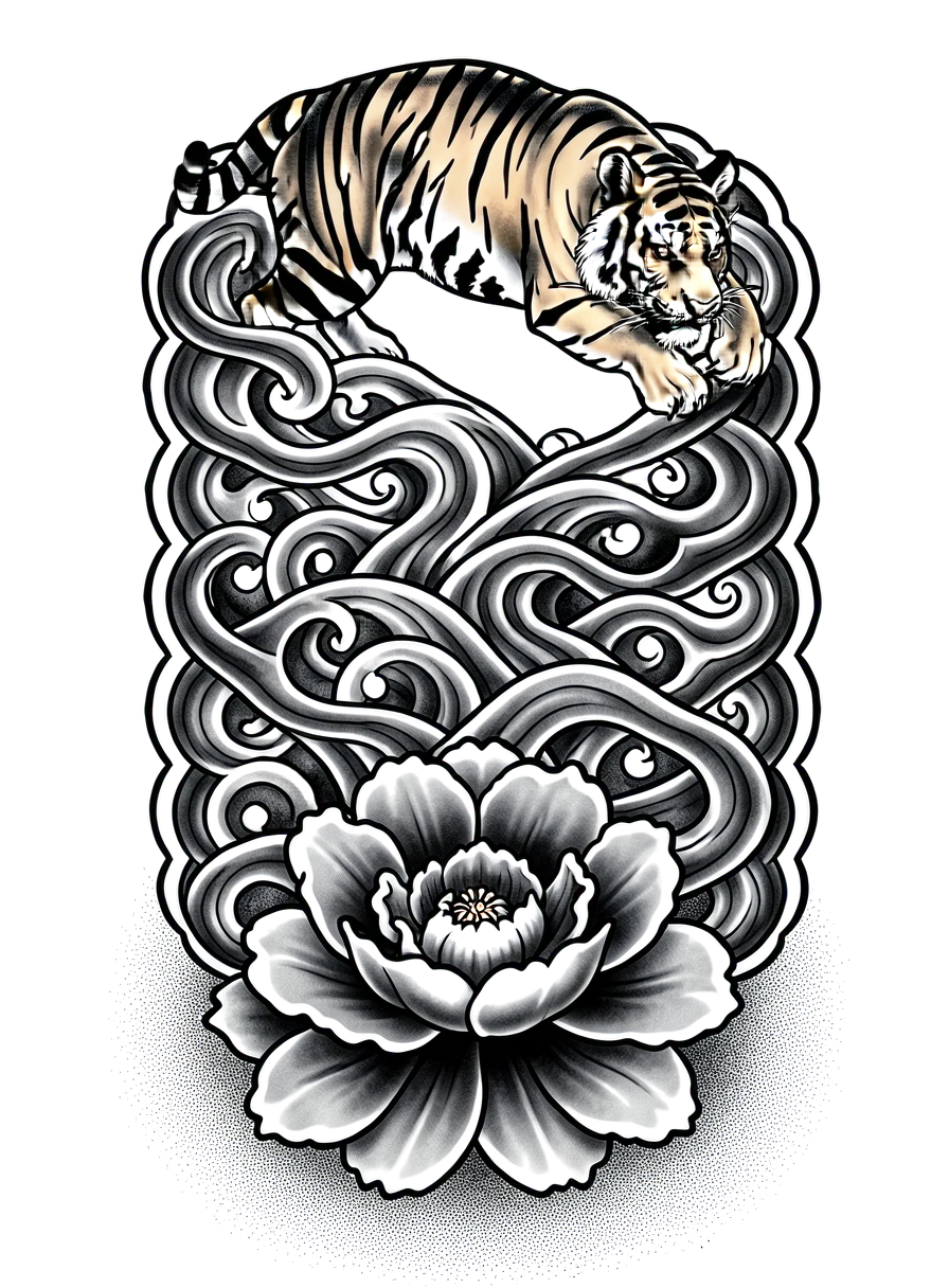 Japanese half sleeve on the upper right arm, a tiger near the shoulder, a peony near the elbow, connected by wind bars, black and grey ink.