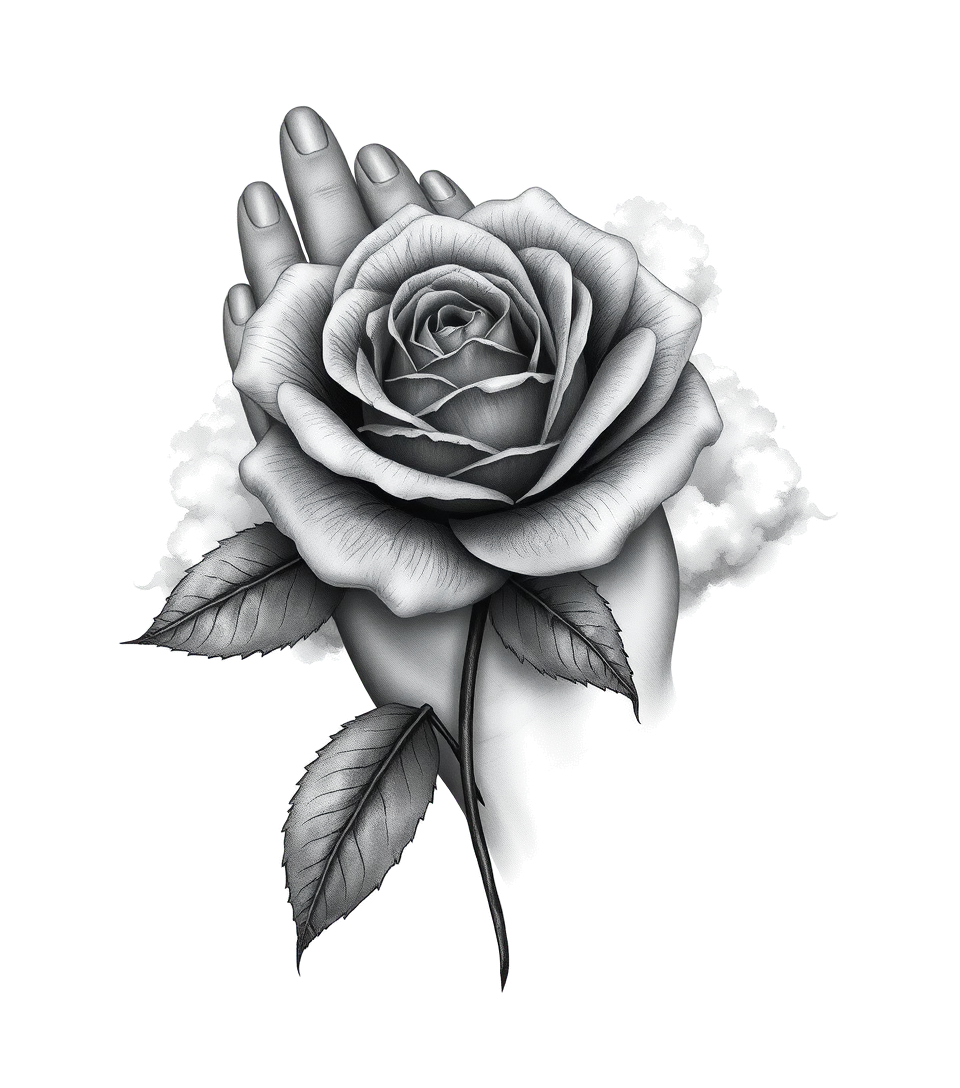 A fading rose on the hand into a cloudhigly detailed tattoohigly detailed tattoohigly detailed tattoo