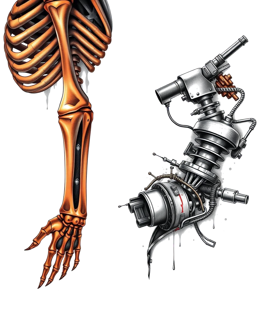 Full sleeve orange and black skeleton boneshigly detailed tattoohigly detailed tattoohigly detailed tattoo