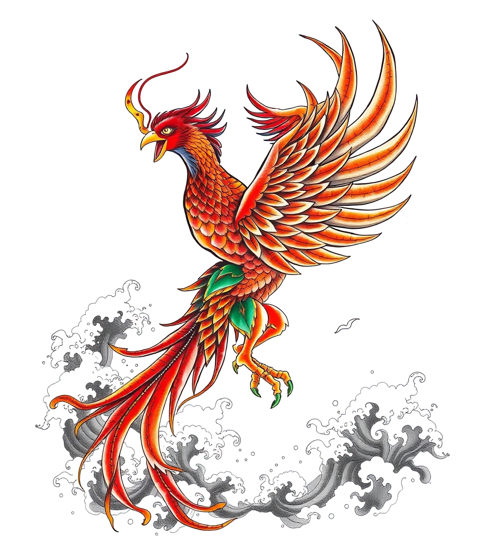 Rising phoenix with vibrant fiery wingshigly detailed tattoohigly detailed tattoo