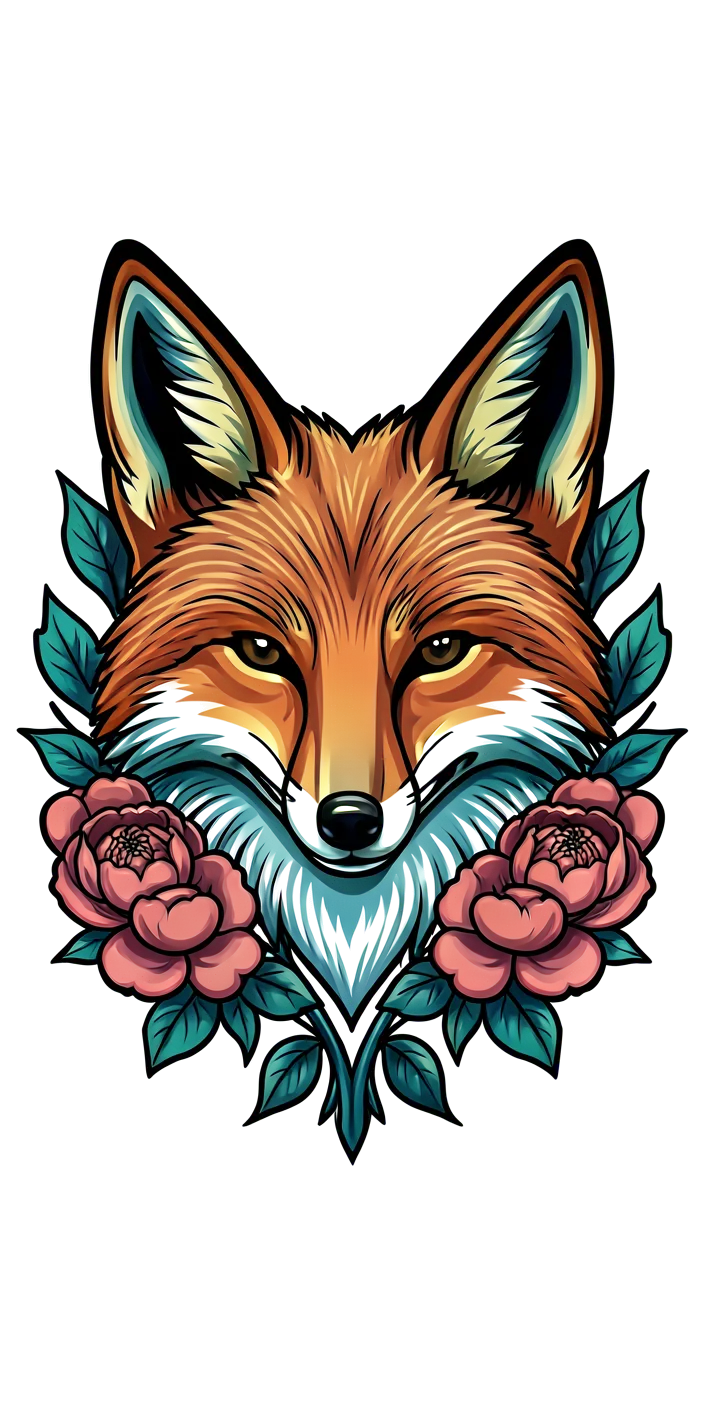 A fox head framed by two peonies, varied bold and fine contours, muted rust orange, teal and ochre ink.