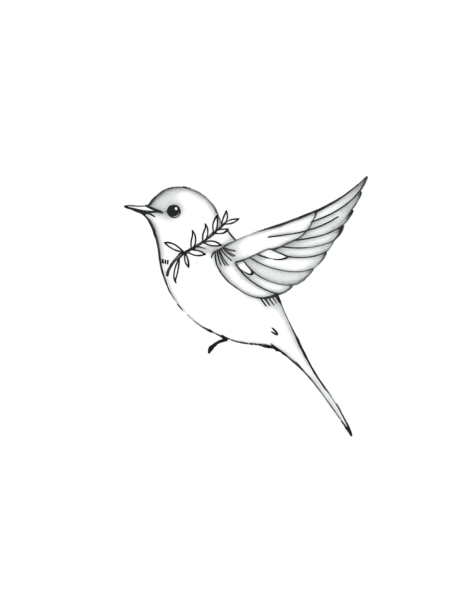 a small black ink swallow with a sprig of rosemary