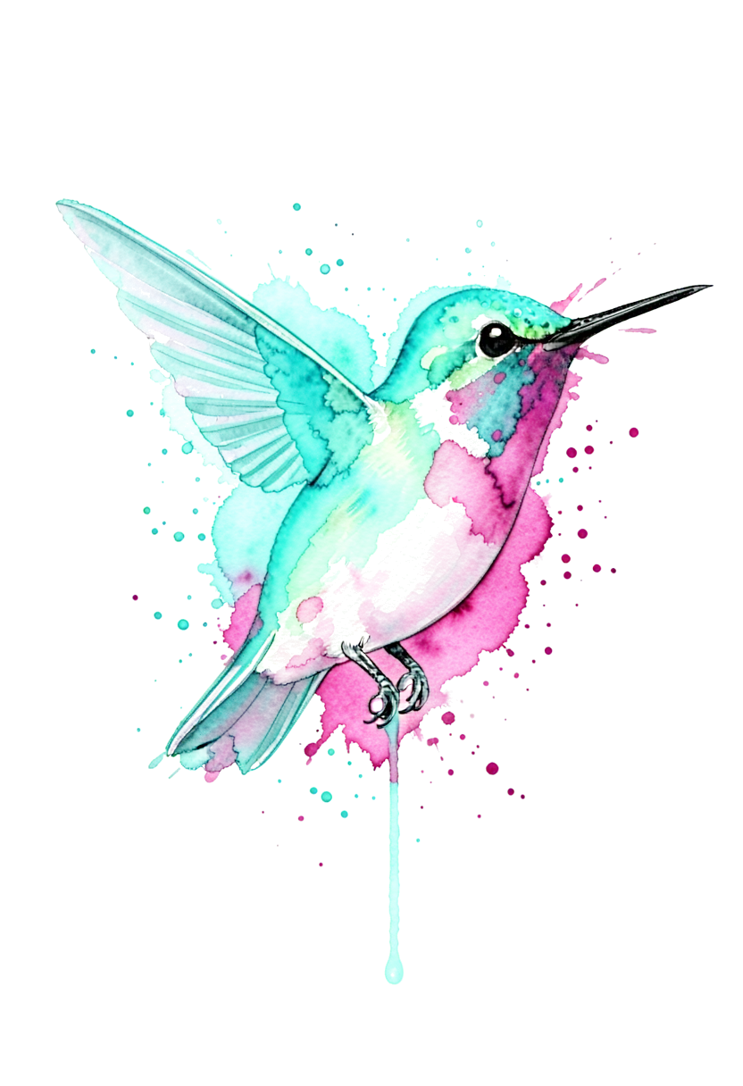 A hummingbird with translucent turquoise and magenta watercolor washes and a few loose splashes.