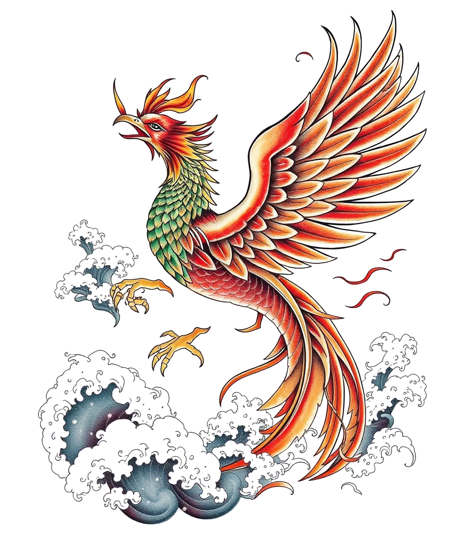 Rising phoenix with vibrant fiery wingshigly detailed tattoohigly detailed tattoo