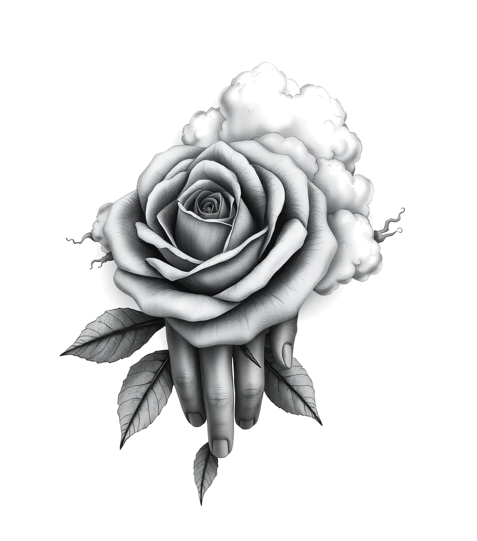 A fading rose on the hand into a cloudhigly detailed tattoohigly detailed tattoohigly detailed tattoo