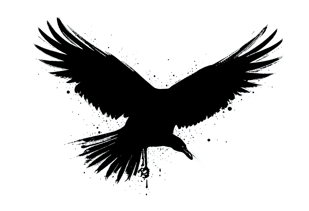 A raven in flight, strong solid black shapes and open negative space, no grey gradients.