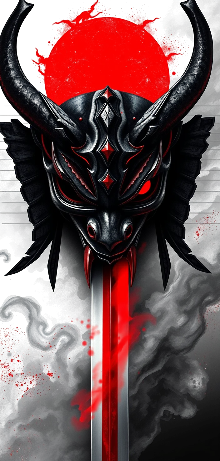 a full sleeve in black and grey realism: a horned hannya demon mask at the shoulder, its face split and metallic with a glowing red eye, holding a katana whose blade runs down the outer arm, wreathed in smoke and storm cloud, deep blacks with red as the only colour