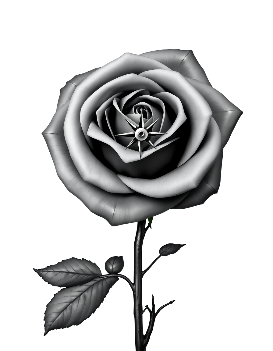 A black and grey realism rose with a compass