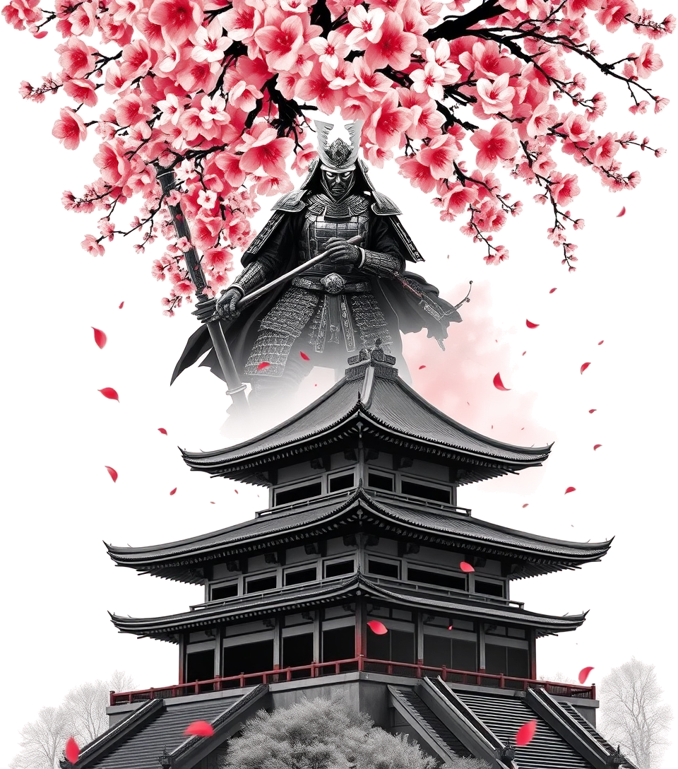 armoured samurai in full armour beneath falling cherry blossom at the top, a tiered japanese temple in perspective at the bottom, ornamental smoke swirls and red petals carrying between them