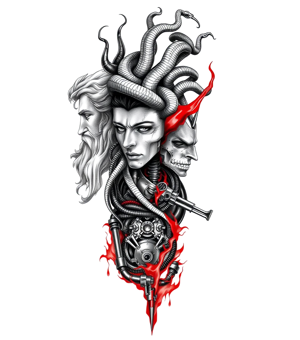 Zeus in lightning bolt sky. Poseidon In dark ocean waves. Medusa with king Cobra snakes as hair. Hades in red hellfire.
Full arm sleeve tattootattoo in biomechanic style, the tattoo covered by robotic elements of futuristic cyberpunk design, robotic features detail, showcasing intricate mechanical components