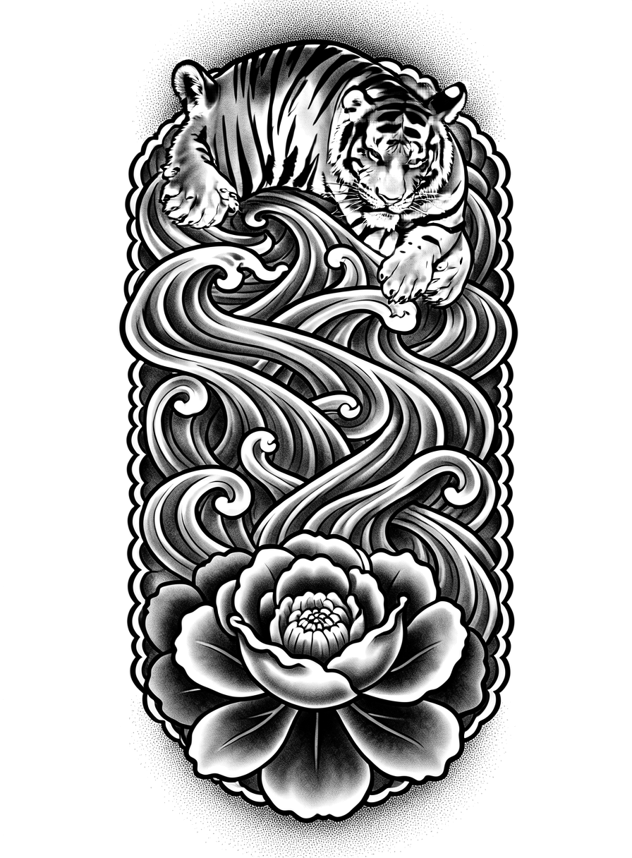 Japanese half sleeve on the upper right arm, a tiger near the shoulder, a peony near the elbow, connected by wind bars, black and grey ink.