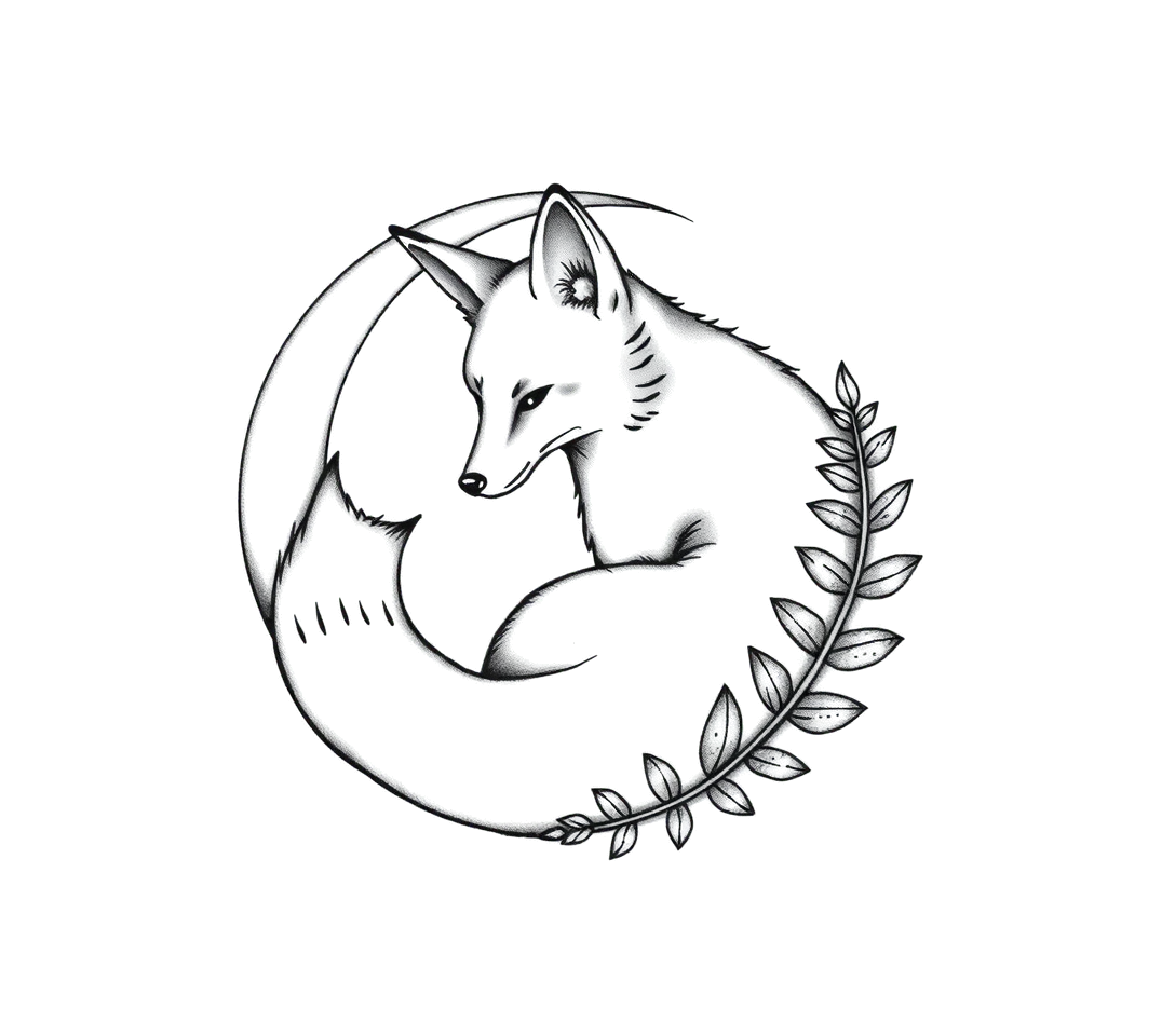 A blackwork fox curled around a crescent moon with one fern frond, on the outer forearm