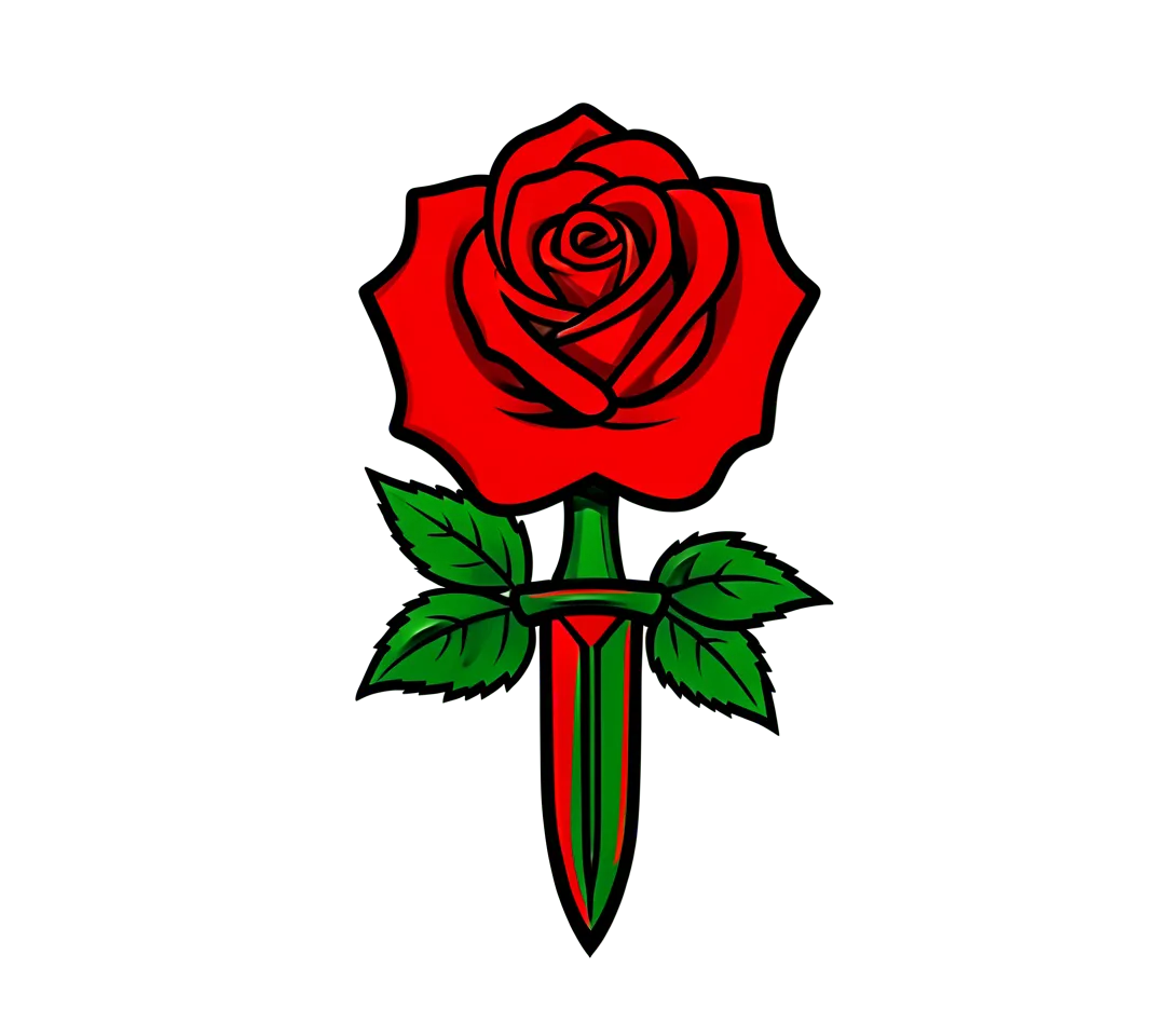 A traditional red rose and dagger for the outer forearm, bold black outlines, red and green ink, clear open spaces.