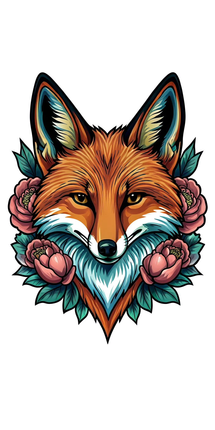 A fox head framed by two peonies, varied bold and fine contours, muted rust orange, teal and ochre ink.