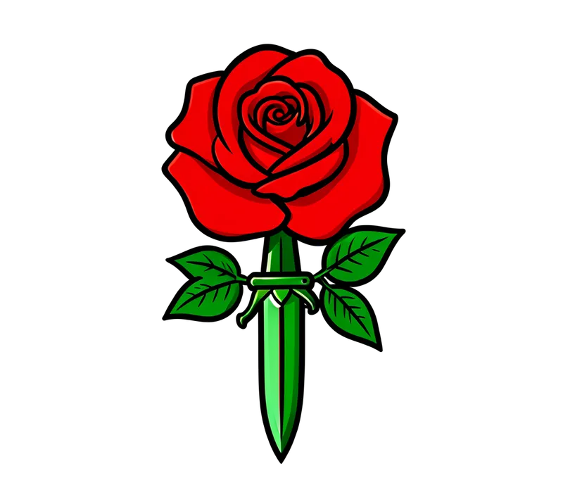 A traditional red rose and dagger for the outer forearm, bold black outlines, red and green ink, clear open spaces.