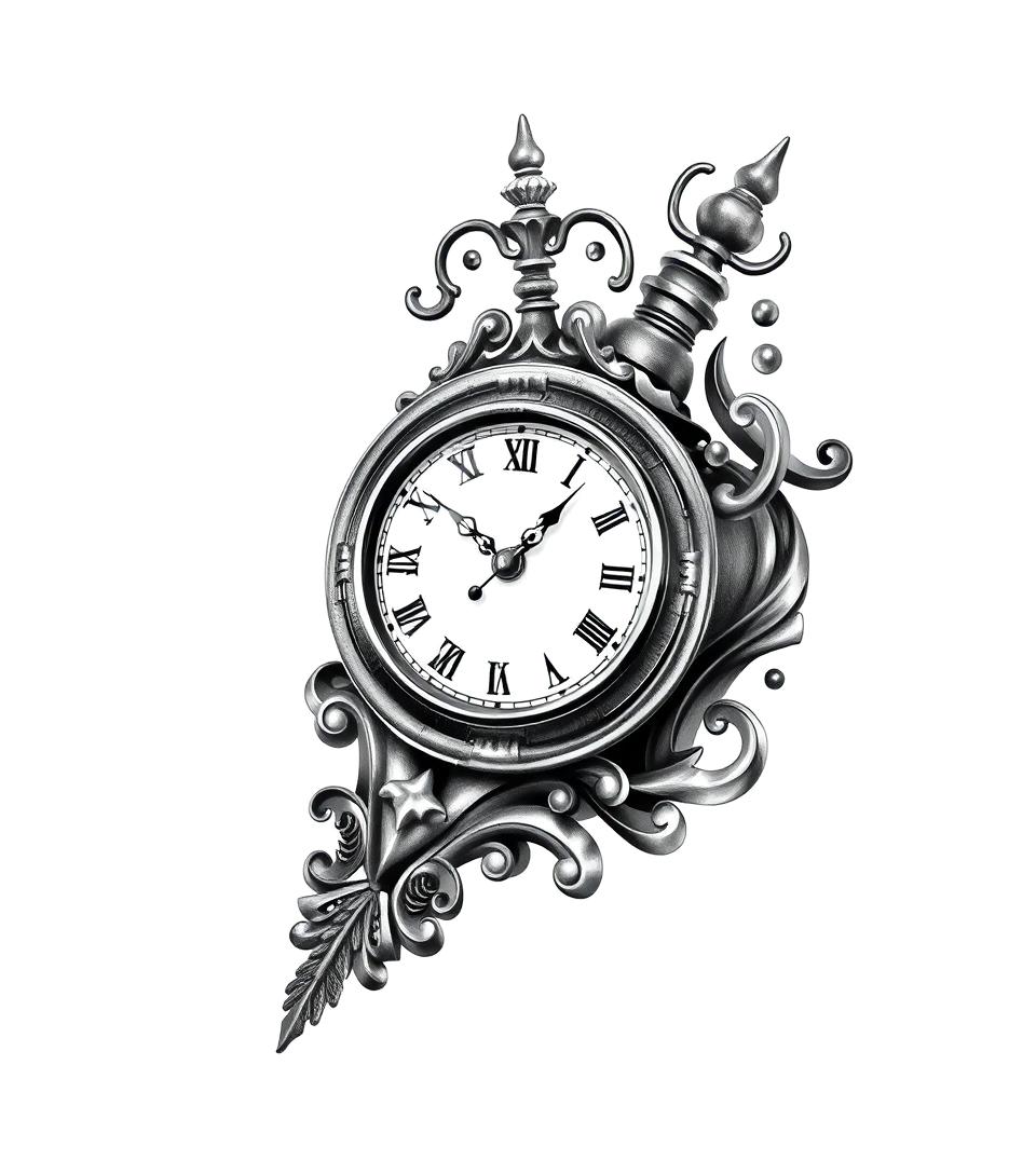 Clock antiquein realism tattoo style, featuring a highly detailed, lifelike, capturing every detail, photorealistic, ultra realistic, intricate shading, smooth and sharp,  in realism tattoo style, featuring a highly detailed, lifelike, capturing every detail, photorealistic, ultra realistic, intricate shading, smooth and sharp,