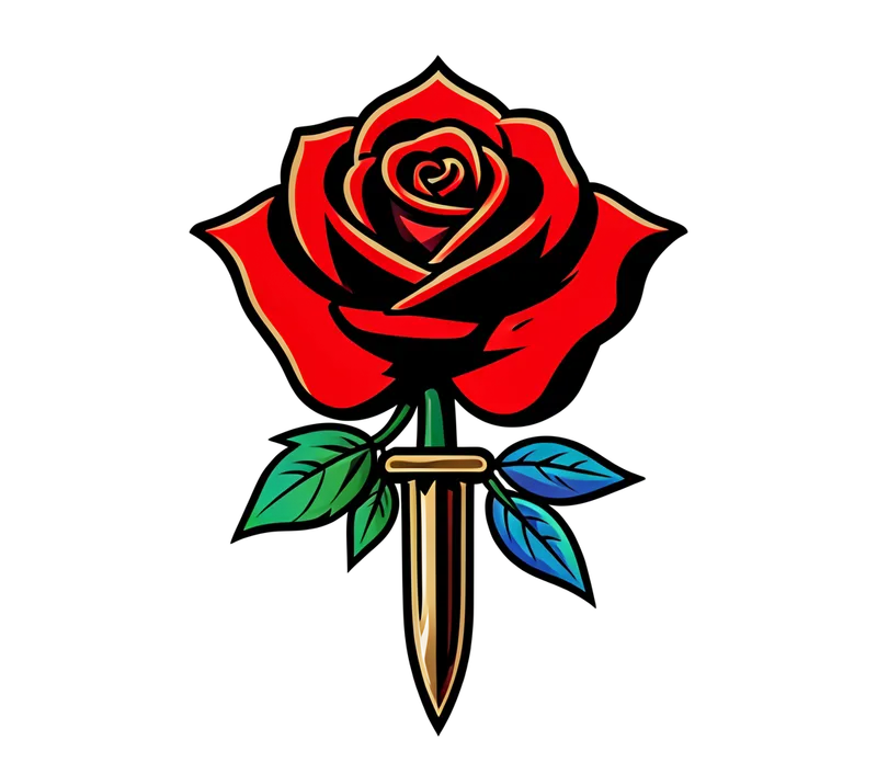 A traditional red rose and dagger for the outer forearm, bold black outlines, red and green ink, clear open spaces.