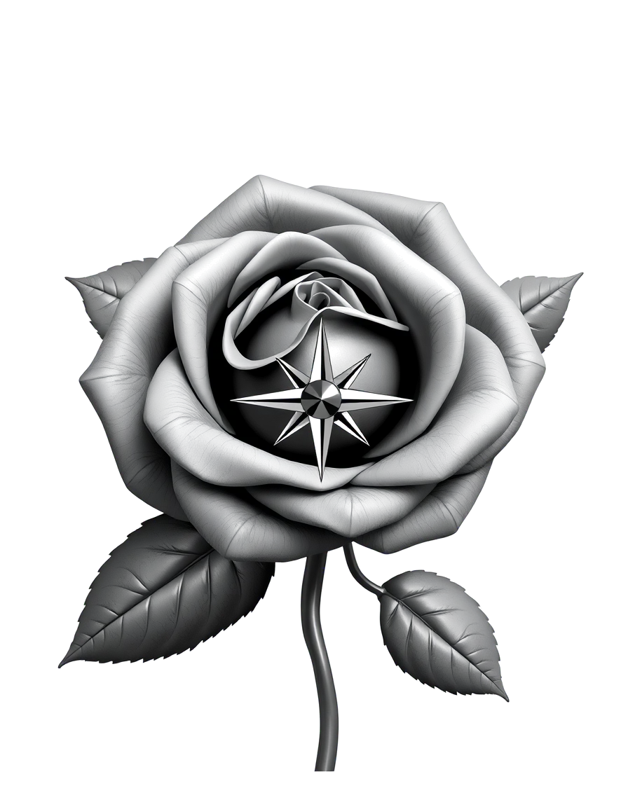 A black and grey realism rose with a compass