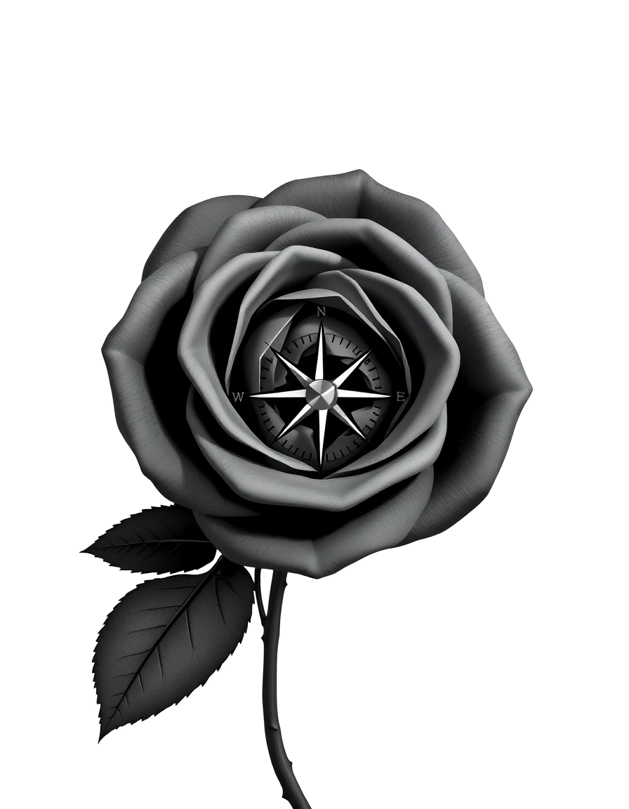 A black and grey realism rose with a compass