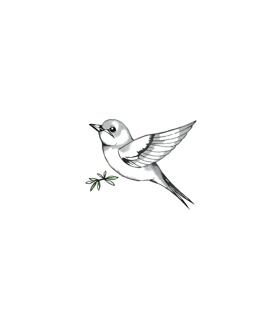 a small black ink swallow with a sprig of rosemary