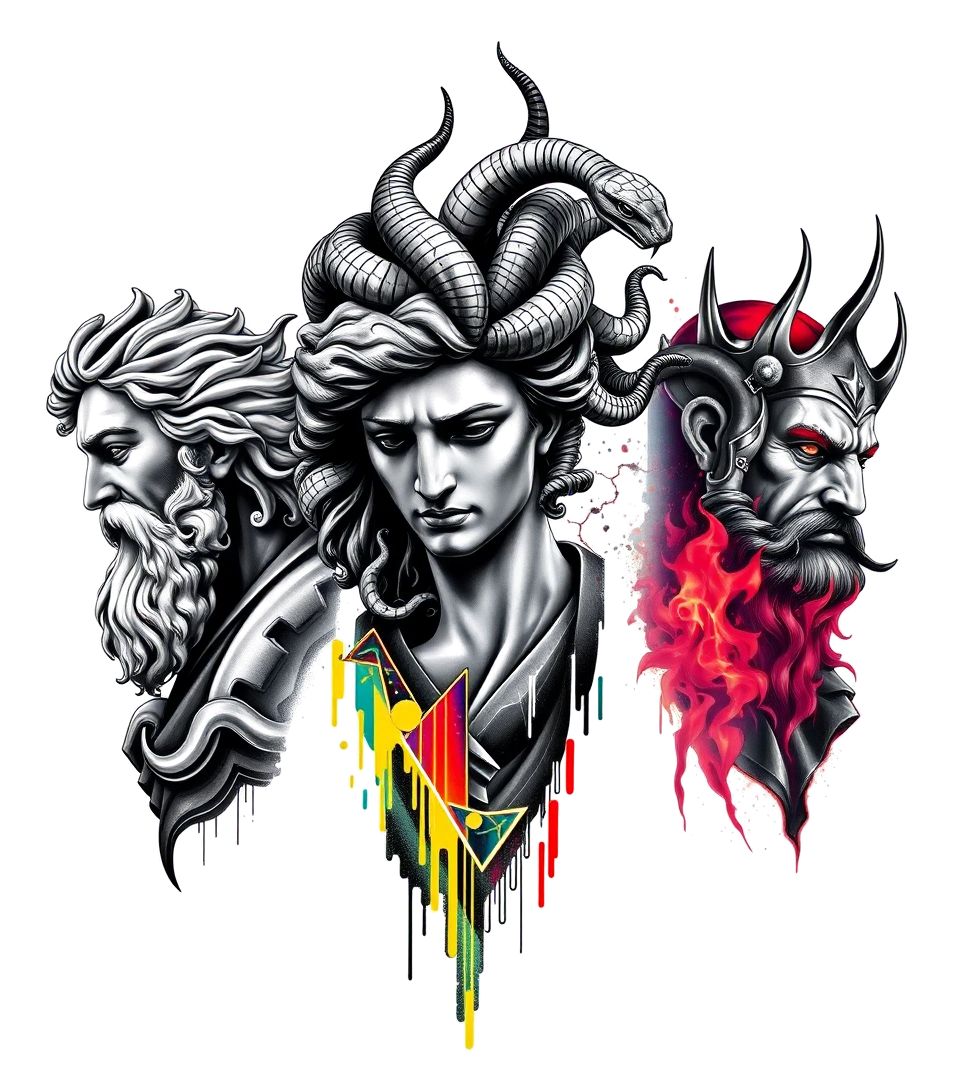 Zeus in lightning bolt sky. Poseidon In dark ocean waves. Medusa with king Cobra snakes as hair. Hades in red hellfire. 
Full arm sleeve tattooin distorted and fragmented tattoo design, featuring a classical statue bust, in a glitch art style with vibrant, overlapping colors of cyan, magenta, and yellow, creating a digital distortion effect