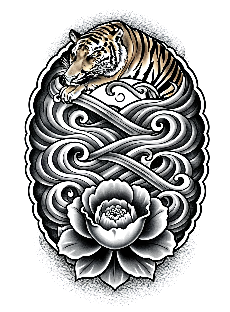 Japanese half sleeve on the upper right arm, a tiger near the shoulder, a peony near the elbow, connected by wind bars, black and grey ink.