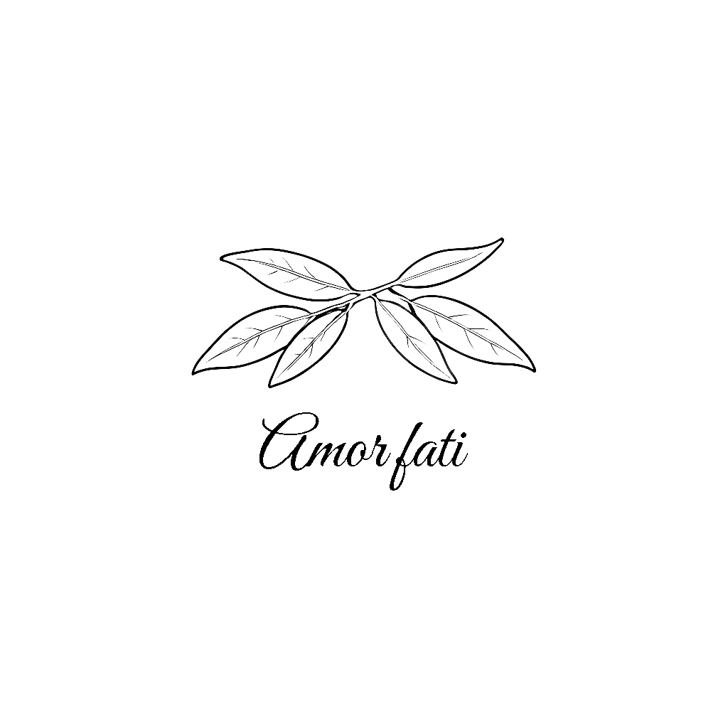 A fine line olive branch above the exact words "Amor fati", black ink.
