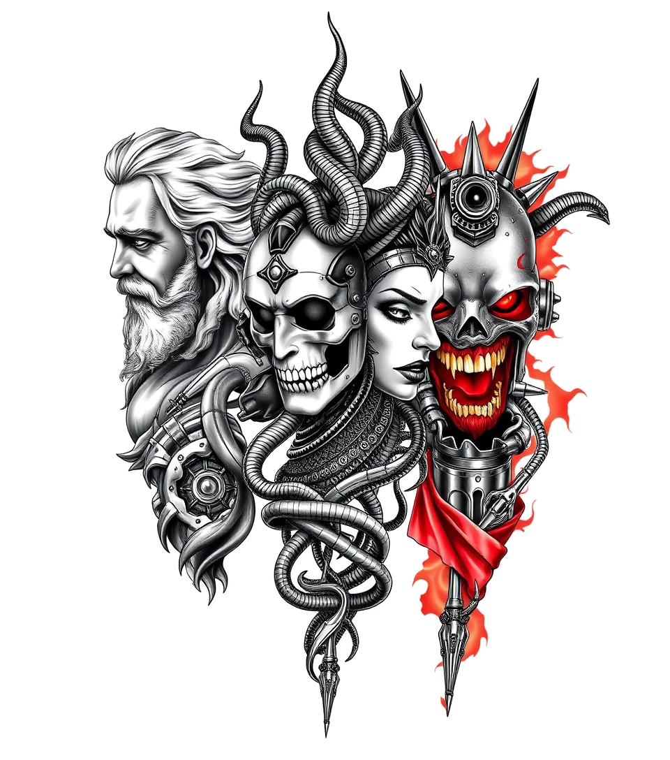 Zeus in lightning bolt sky. Poseidon In dark ocean waves. Medusa with king Cobra snakes as hair. Hades in red hellfire.
Full arm sleeve tattootattoo in biomechanic style, the tattoo covered by robotic elements of futuristic cyberpunk design, robotic features detail, showcasing intricate mechanical components