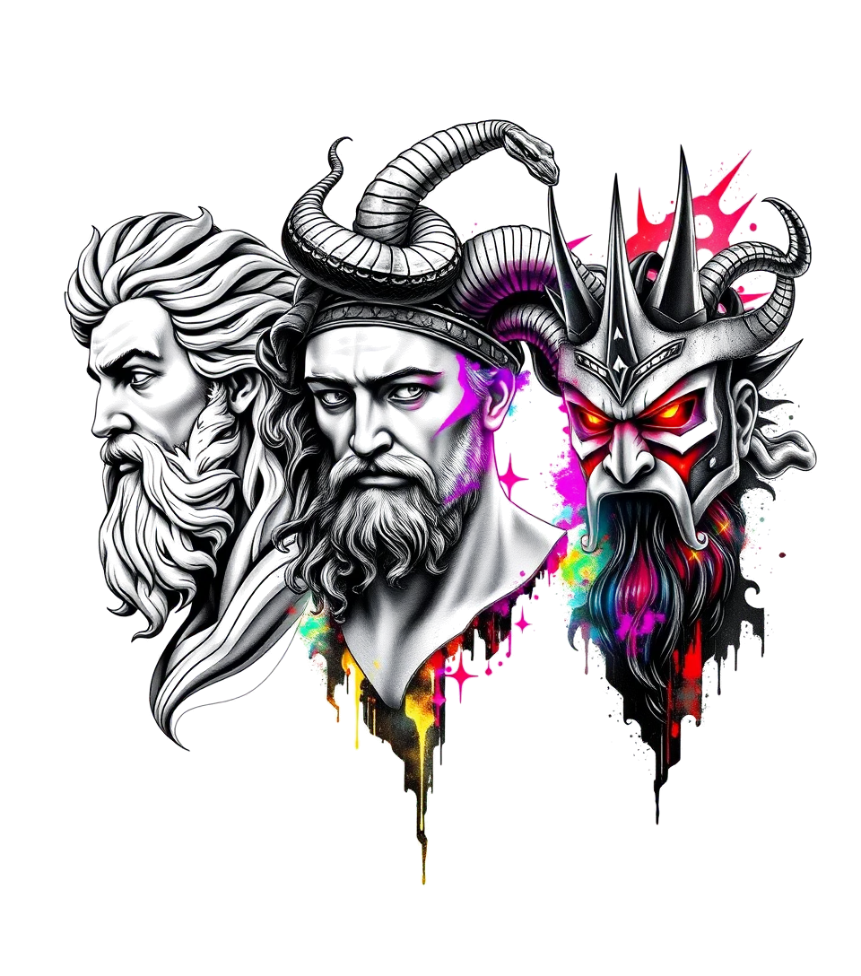 Zeus in lightning bolt sky. Poseidon In dark ocean waves. Medusa with king Cobra snakes as hair. Hades in red hellfire. 
Full arm sleeve tattooin distorted and fragmented tattoo design, featuring a classical statue bust, in a glitch art style with vibrant, overlapping colors of cyan, magenta, and yellow, creating a digital distortion effect