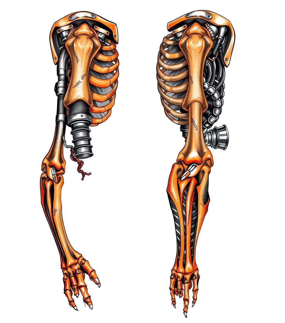 Full sleeve orange and black skeleton boneshigly detailed tattoohigly detailed tattoohigly detailed tattoo