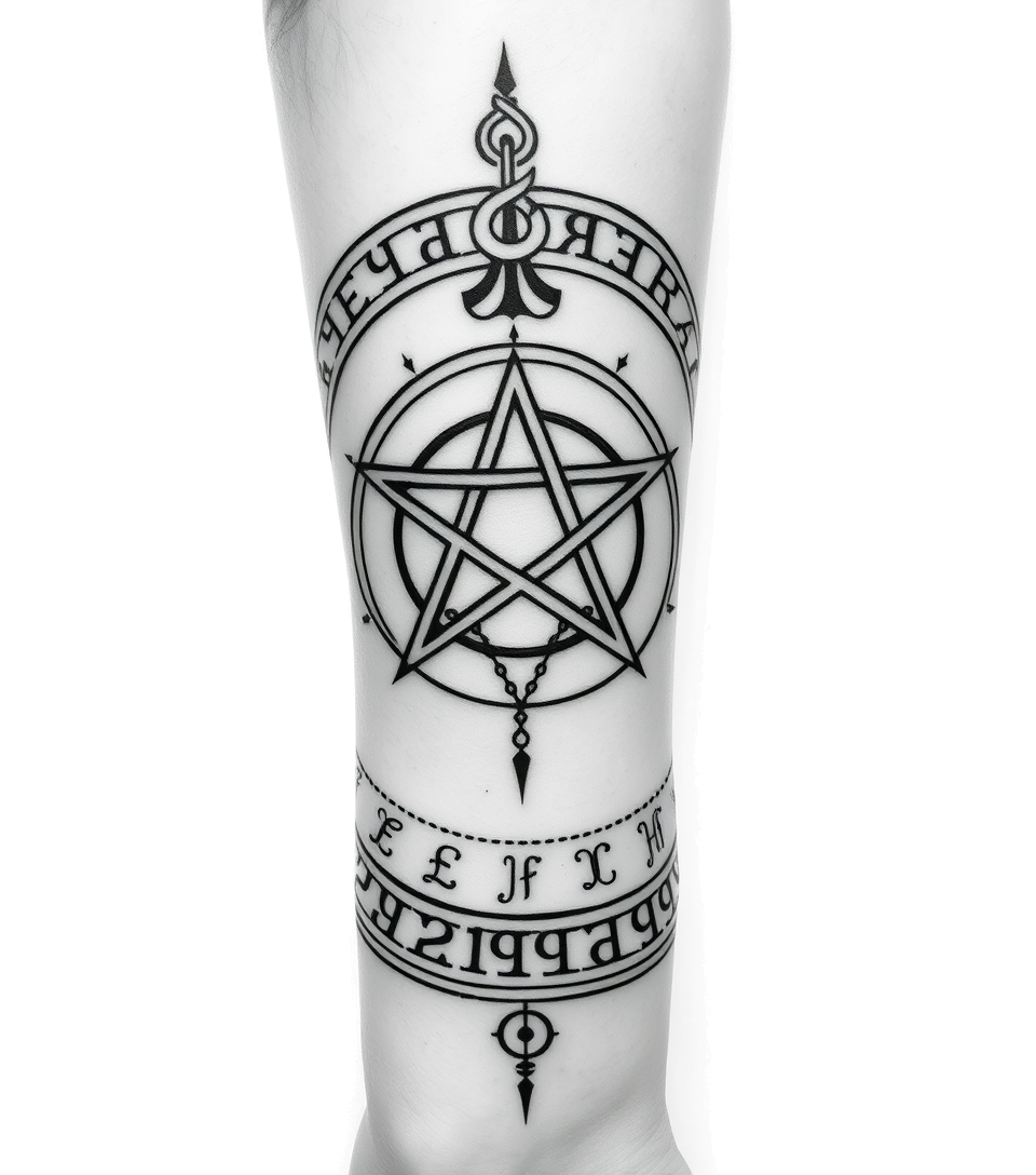 01/18/1990, Capricorn, forearm sleeve with Pentagram ending on hand, Nordic runes,higly detailed tattoohigly detailed tattoo