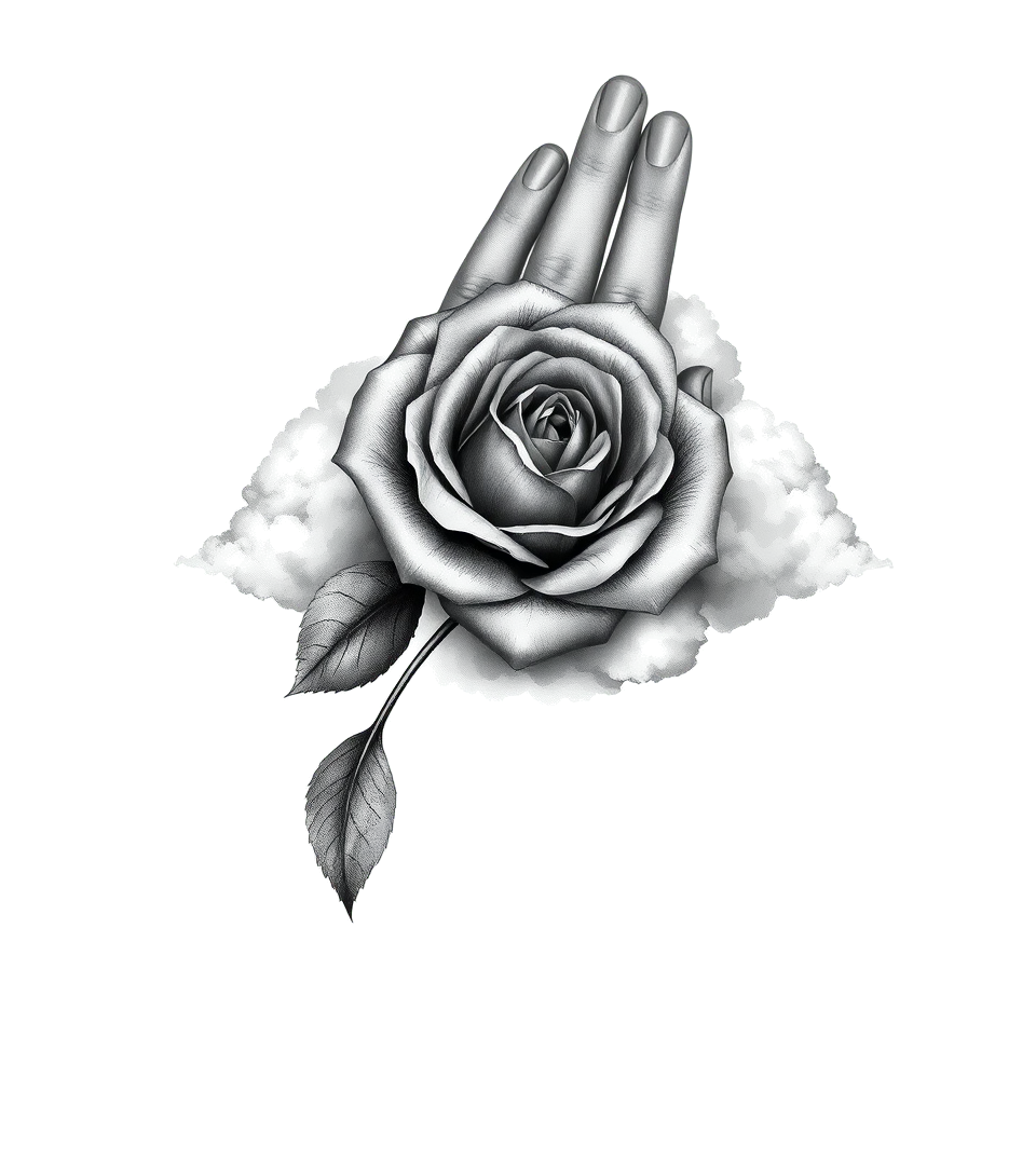 A fading rose on the hand into a cloudhigly detailed tattoohigly detailed tattoohigly detailed tattoo