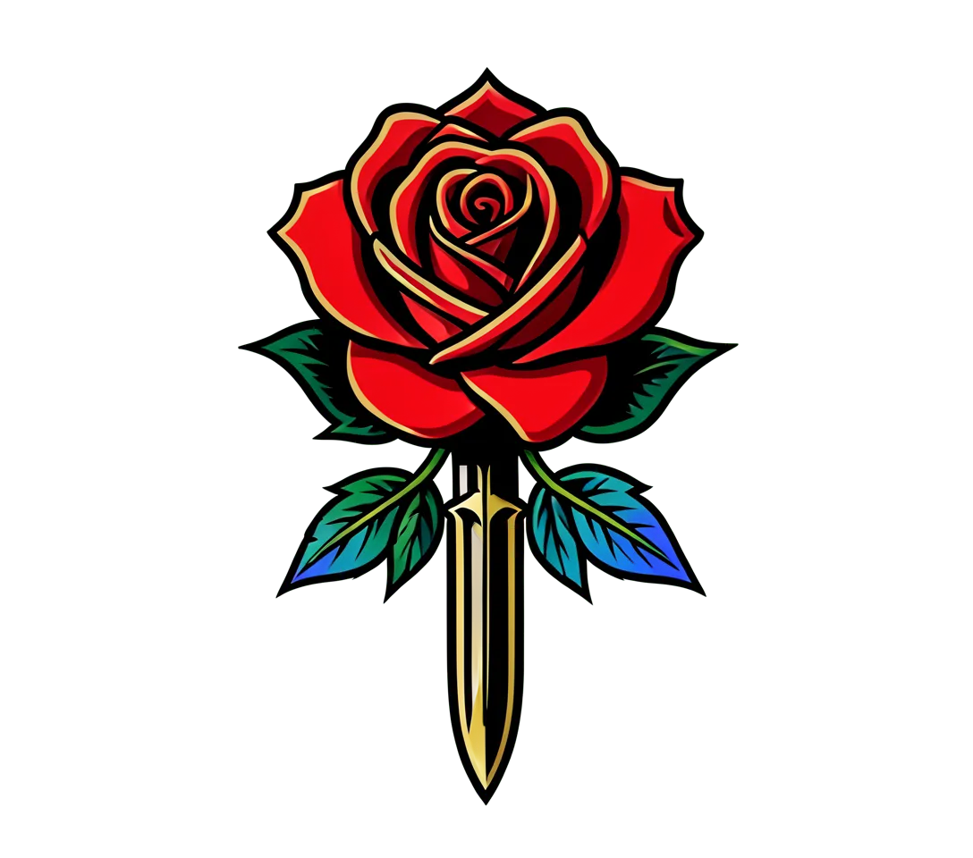 A traditional red rose and dagger for the outer forearm, bold black outlines, red and green ink, clear open spaces.