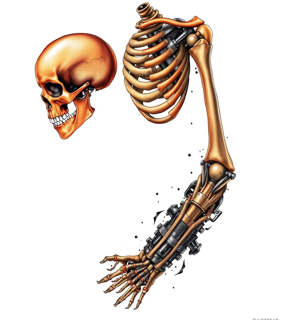 Full sleeve orange and black skeleton boneshigly detailed tattoohigly detailed tattoohigly detailed tattoo