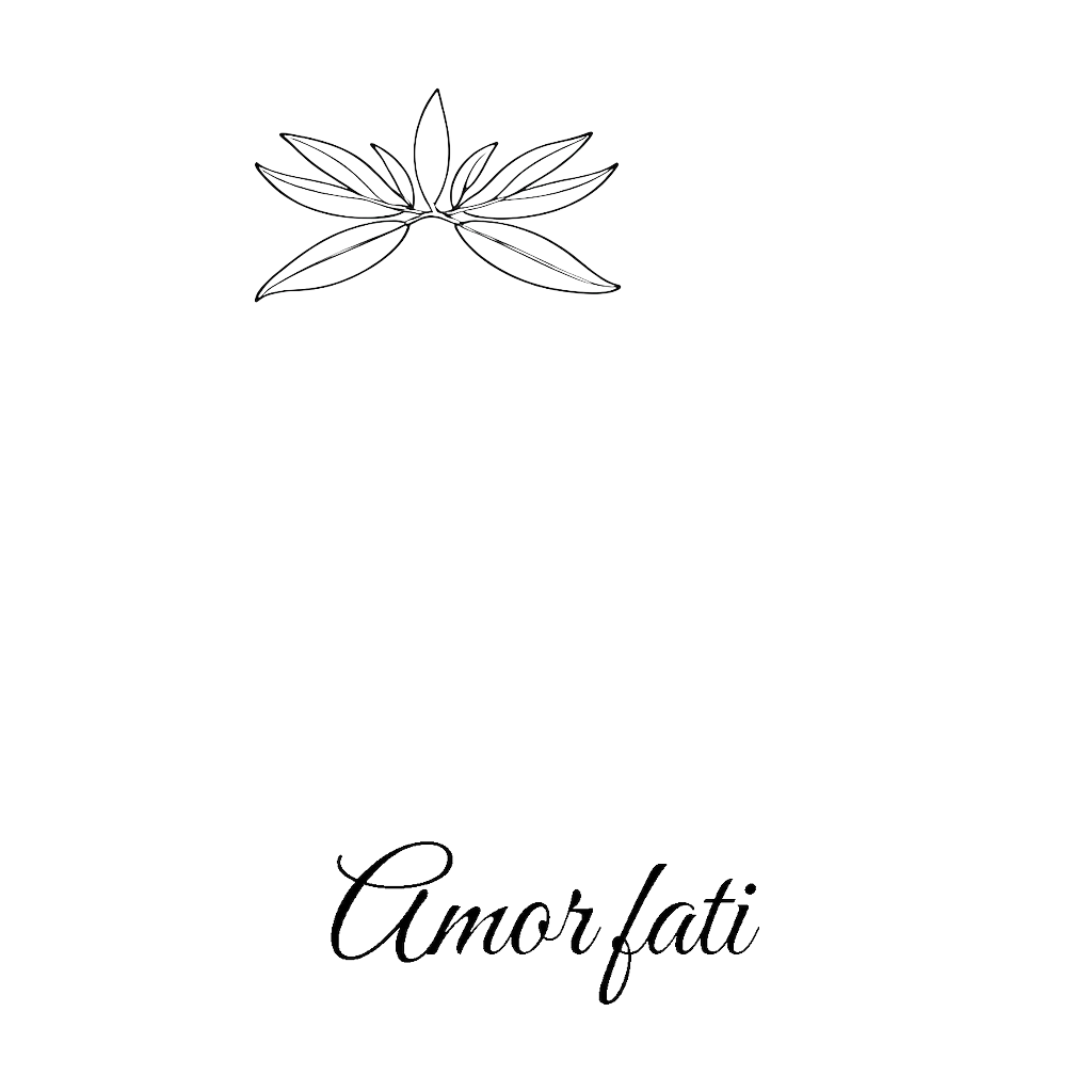 A fine line olive branch above the exact words "Amor fati", black ink.