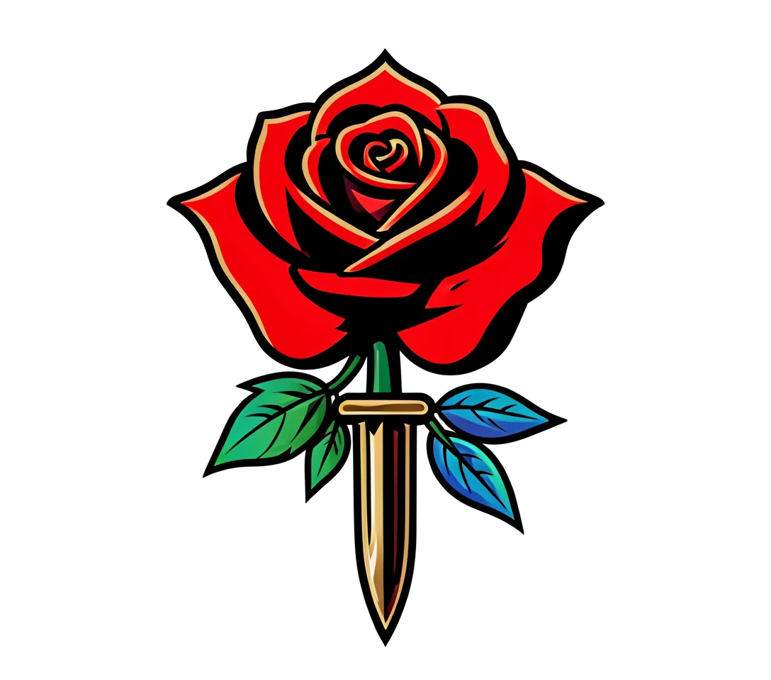 A traditional red rose and dagger for the outer forearm, bold black outlines, red and green ink, clear open spaces.