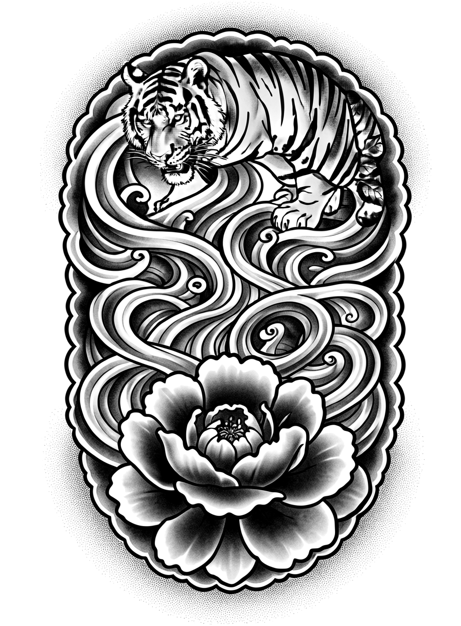 Japanese half sleeve on the upper right arm, a tiger near the shoulder, a peony near the elbow, connected by wind bars, black and grey ink.