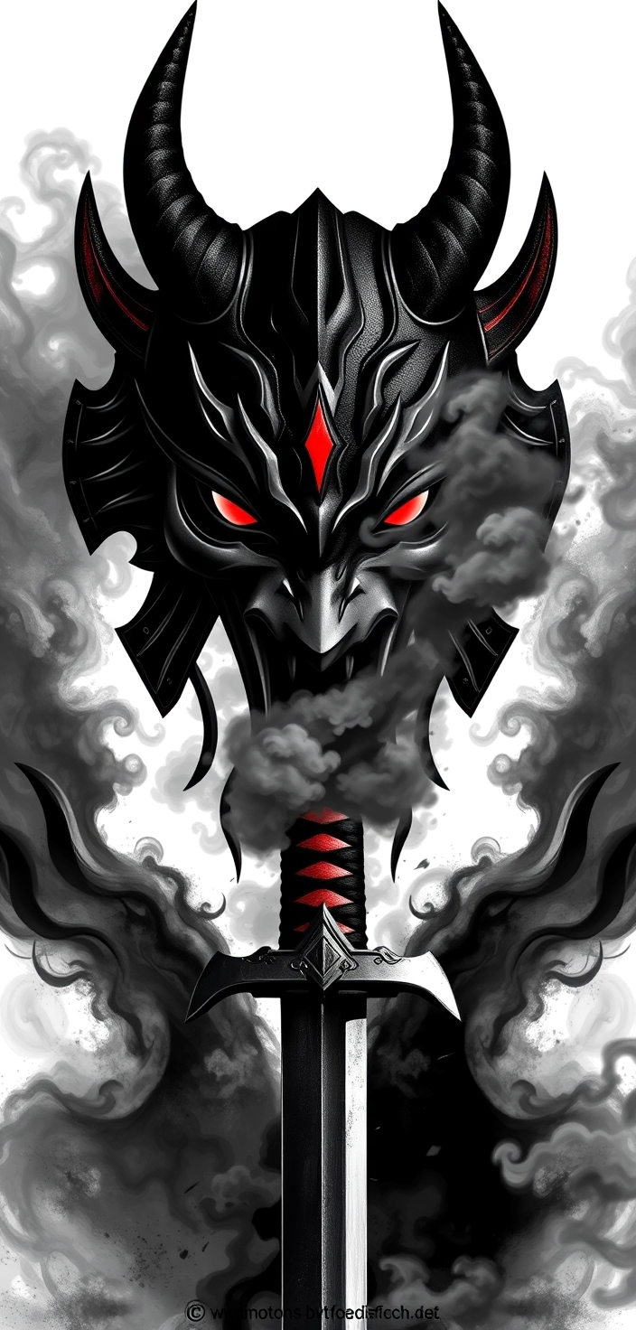 a full sleeve in black and grey realism: a horned hannya demon mask at the shoulder, its face split and metallic with a glowing red eye, holding a katana whose blade runs down the outer arm, wreathed in smoke and storm cloud, deep blacks with red as the only colour