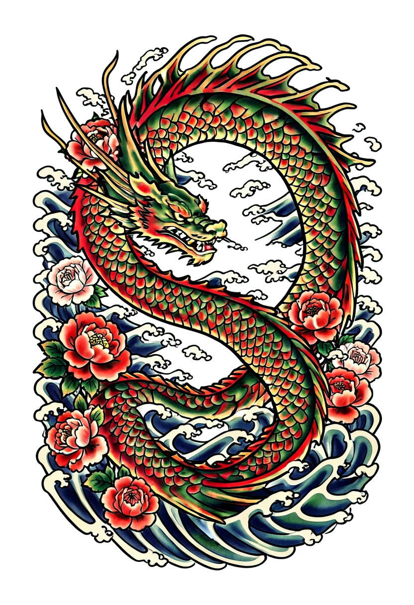 A Japanese dragon curling among peonies and wind bars, red, green and gold ink, a flowing full back composition.