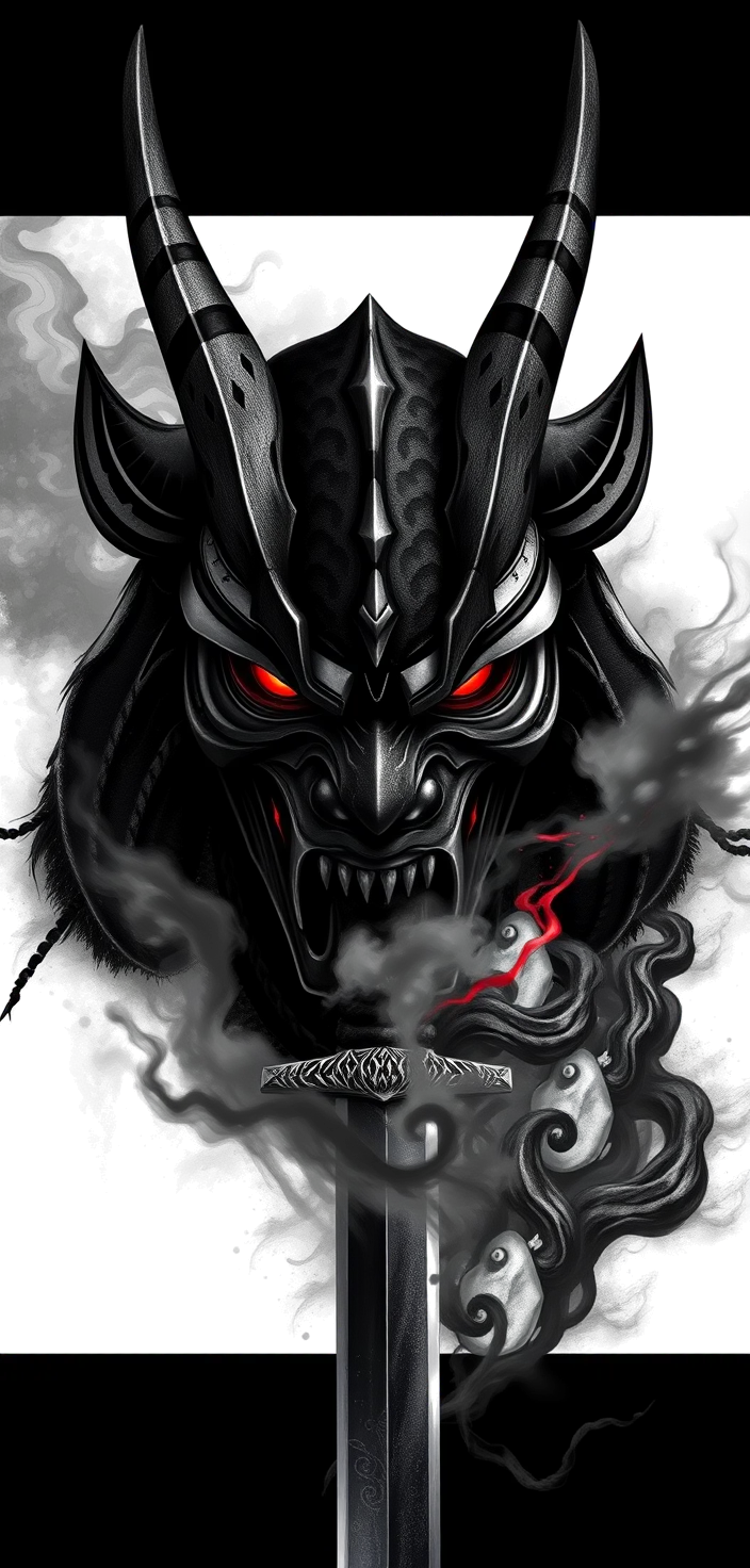a full sleeve in black and grey realism: a horned hannya demon mask at the shoulder, its face split and metallic with a glowing red eye, holding a katana whose blade runs down the outer arm, wreathed in smoke and storm cloud, deep blacks with red as the only colour