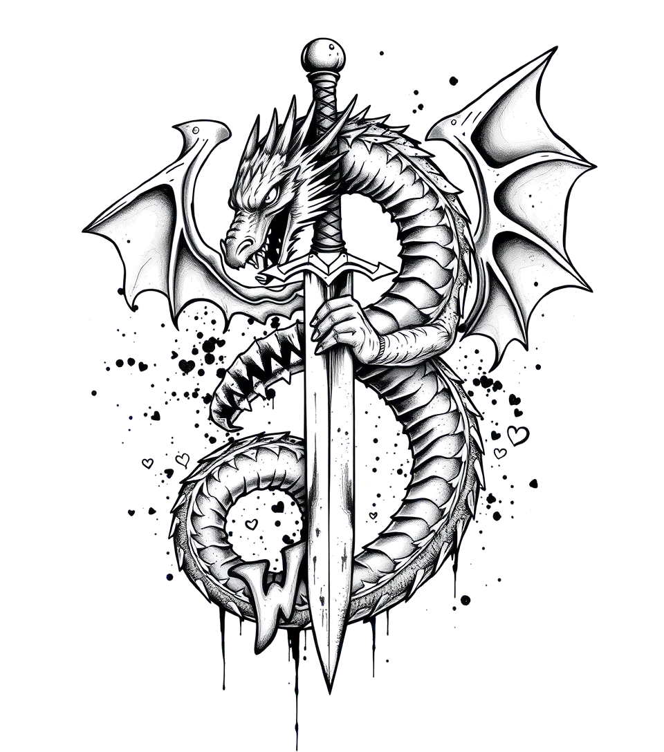 Majestic dragon coiled around a swordin graffiti style tattoo, featuring bold and dynamic street art elements, spray-paint texture with exaggerated lines and expressive, chaotic brushstrokes, intricate lettering incorporated with graffiti tags, symbols like hearts, stars, and wingsin graffiti style tattoo, featuring bold and dynamic street art elements, spray-paint texture with exaggerated lines and expressive, chaotic brushstrokes, intricate lettering incorporated with graffiti tags, symbols like hearts, stars, and wings