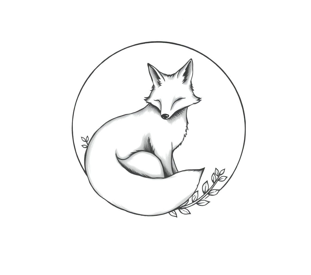 A blackwork fox curled around a crescent moon with one fern frond, on the outer forearm
