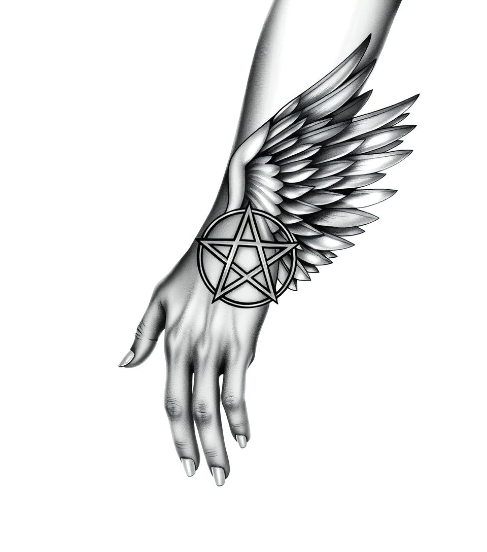 Wing forearm sleeve, pentagram on hand, realism, highly detailed, Romanhigly detailed tattoohigly detailed tattoo