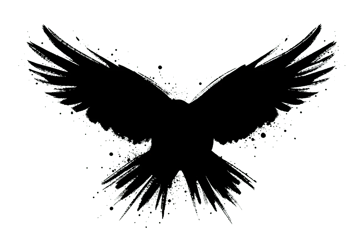 A raven in flight, strong solid black shapes and open negative space, no grey gradients.