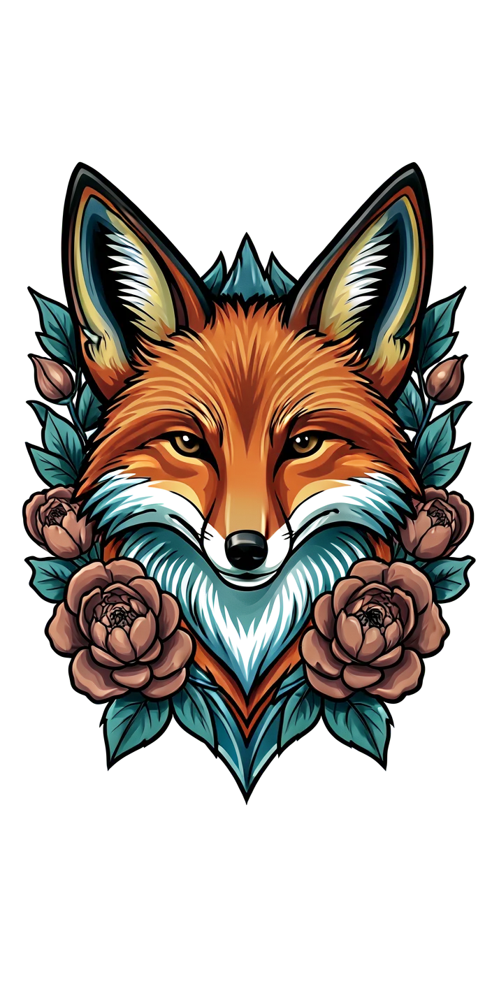 A fox head framed by two peonies, varied bold and fine contours, muted rust orange, teal and ochre ink.